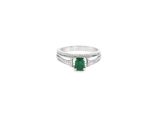 18K White Gold Emerald and Diamond Ring Set – One with Natural Round Diamonds, One with Emerald-Cut Green Emerald